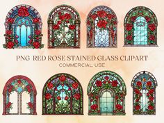 several stained glass windows with roses on them and the words png red rose stained glass clipart commercial use