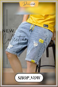 Casual Ripped Tight Waist Jean Shorts Short Jeans Pants, Knee Length Denim Shorts, Ripped Men, Summer Shorts Denim, Bermuda Jeans, Summer Denim, Men's Korean Style