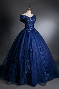 Blue Tulle Lace Long A-Line Ball Gown Off the Shoulder Evening Party Dress