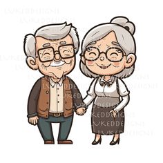 an elderly couple holding hands and smiling at each other's side, with the words i