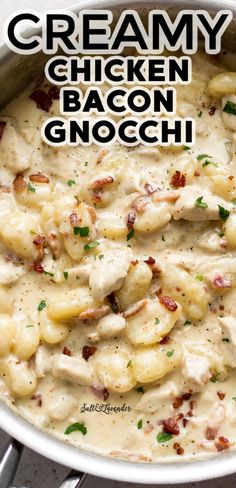 creamy chicken and bacon gnocchini in a white bowl with text overlay