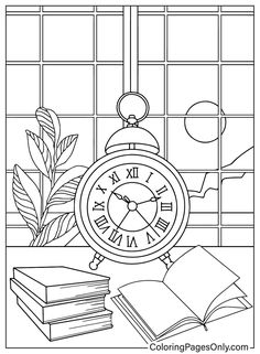 a coloring page with an alarm clock, books and plants on the window sill