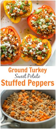 stuffed sweet potatoes with ground turkey and cheese in the middle, on a white plate