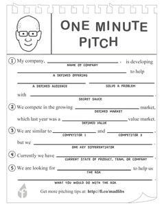 a one minute pitch form with an image of a man's face on it