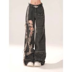 Wide Leg Ripped Jeans: Y2K Grunge Hippie Streetwear  1Measurement In CMsizeWaist(cm)Hips (cm)Pant Length(cm)S609899M64102100L68106101XL72110102XXL76114103 Black Cargo Pants Women, Cargo Pants Women Baggy, Good Clothes, Ripped Women, Estilo Harajuku, Best Pants, Street Jeans, High Waisted Wide Leg Pants, Denim Decor