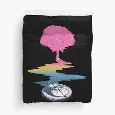 a pink tree is reflected in the water on a black background duvet cover set