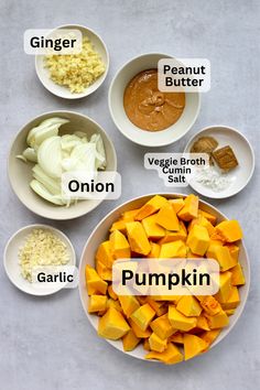 the ingredients to make pumpkin butter are shown in bowls and labeled on each side,