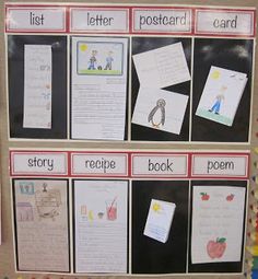 a bulletin board with writing on it and pictures attached to the back of each board