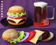 crocheted hamburgers and chips on a plate next to a glass of beer