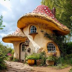 a mushroom like house in the middle of a forest