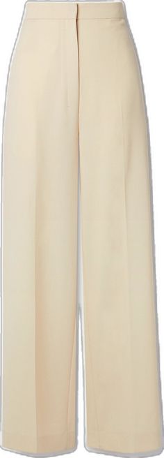 Chic Cream Bottoms With Pressed Crease, Wide Leg Cream Pants With Pressed Crease, Cream Wide-leg Pants With Pressed Crease, Elegant Wide Leg Wool Pants For Spring, Elegant Wool Wide Leg Pants For Spring, Tailored Cream Wide Leg Pants For Formal Occasions, Elegant Beige Pants, Formal Cream Wide-leg Bottoms, Wide Leg Beige Wool Pants