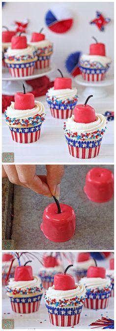 red, white and blue cupcakes with an apple on top are ready to be eaten