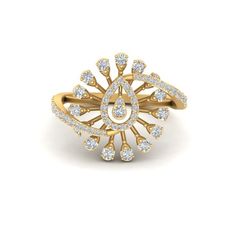 a gold ring with white diamonds on the top and bottom, set in 18k yellow gold