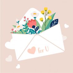 an envelope filled with flowers and leaves on top of a pink background that says for u