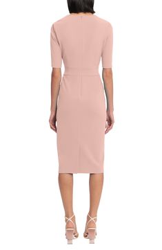 Bodycon Knee-length Midi Dress For Work, Knee-length Bodycon Midi Dress For Work, Fitted Feminine Linen Midi Dress, Feminine Fitted Linen Midi Dress, Dressy Fitted Sheath Midi Dress, Fitted Knee-length Flattering Midi Dress, Fitted Feminine Short Sleeve Dress, Fitted Midi Dress With Flattering Silhouette And Short Sleeves, Feminine Knee-length Midi Dress With Fitted Waist