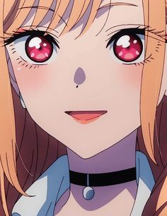 an anime character with red eyes and long blonde hair, wearing a collared shirt