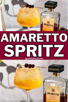 an advertisement for amarettoo spritz on the side of a glass filled with liquid