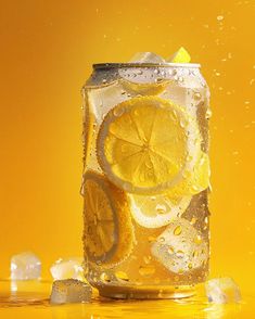 a can of lemonade with ice cubes and water splashing around it on a yellow background