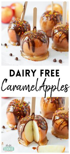 caramel apples with chocolate drizzle and sprinkles are on sticks