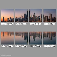 a series of photos showing the skylines of new york city at sunset or dawn