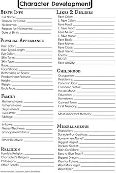 the character development checklist is shown in black and white