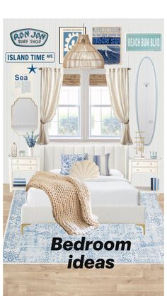 the bedroom is decorated in blue and white colors, with an ocean theme on the wall