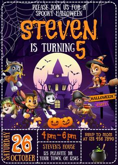 a halloween party flyer with cartoon dogs and pumpkins on the front, in purple