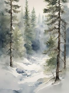 a painting of snow covered trees in the woods with watercolor paint on paper,