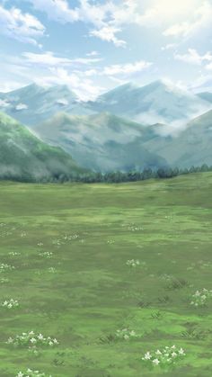 an anime landscape with mountains and flowers in the foreground, and clouds in the background