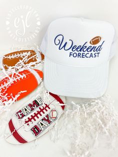 Weekend Forecast Football Embroidered Trucker Hat / School Spirit / Any School Colors Embroidered on Our Hats / School Spirit Ball Cap / SportsTrucker Hat is custom designed with Weekend Forecast Embroidered and embellished Football! Adjustable Snap Back - Fits Most **LISTING IS FOR (1) TRUCKER HAT** **Colors/shades may vary depending on availability** All Trucker Hat in this listing come in White with Choice of Thread Color to match your school colors CHOOSE THE COLORS OF YOUR FAVORITE SCHOOL T Game Day Snapback Hat With Team Spirit, Team Spirit Sports Snapback Hat, Team Spirit Trucker Hat Snapback For Game Day, Adjustable Team-colored Trucker Hat For Game Day, Team-colored Snapback Baseball Cap For Team Spirit, School Team, School Colors, Ball Cap, School Spirit