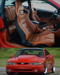 the interior and exterior of a red sports car