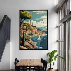 a painting hanging on the wall next to a wooden table and chairs in a room