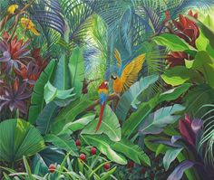 an oil painting of tropical plants and flowers in the jungle with lots of green leaves