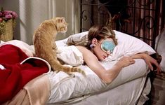 a woman laying in bed with a cat on her back