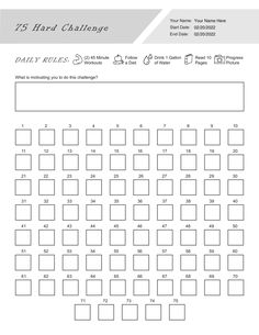 The 75 Hard Challenge is a mental and physical wellness program that involves completing daily tasks such as exercising twice a day, following a strict diet, drinking a gallon of water, reading 10 pages of a non-fiction book, and abstaining from alcohol and cheat meals for 75 consecutive days. Our 75 Hard Challenge Worksheet PDF Template will help you organize your 75 Hard Challenge and showcase the progress you make using a fillable PDF template. The purpose of this worksheet is to improve in all areas of your life, including physically, spiritually, and mentally. Our 75 Hard Challenge Worksheet PDF Template (Editable, Fillable, Printable) is perfect for individuals who want to improve in every area of their life.  This 75 Hard Challenge Worksheet can be downloaded and filled out on a dig Challenge For Teens, Existential Therapy, Couples Therapy Worksheets, Anger Management Worksheets, Self Esteem Worksheets, Distress Tolerance, Behavior Therapy, Motivational Interviewing