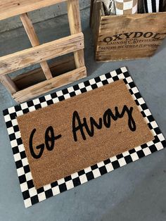 Tell your annoying neighbor to "Go Away!" with this hand painted coir doormat.  measurements: 18x30 inches Care Instructions: Shake or brush to clean; avoid exposure to direct rain to prolong its life. if your mat gets wet, hang it up to dry. We do not provide replacements if your doormat gets wet. find more of our doormats on our Instagram! @thetrendporchco Checkered Front Door Mat, Front Door Apartment Ideas, Apartment Welcome Mat, Cute Doormat Ideas, Diy Painted Doormat, Funny Porch Signs, Diy Doormat Ideas, Funny House Warming Gift, Painted Door Mat