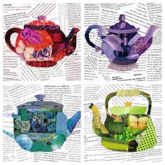 four teapots with designs on them sitting next to each other in an open book