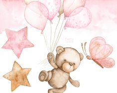 a watercolor painting of a teddy bear with balloons and stars in the air, on a pink background