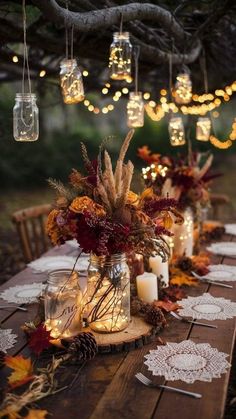 DIY Wedding Centerpieces: 30 Gorgeous Ideas On A Budget | FBFW Rustic Wedding Styling, Table Decorations For Wedding Tables, November Garden Wedding, Rustic And Boho Wedding, Outside Autumn Decorations, Rustic Decoration Wedding, Wedding Decoration Outdoors, Elegant Fall Party Decor, Fall Outdoor Wedding Table Decor