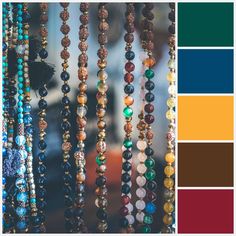 the color scheme for beaded necklaces is in shades of brown, green, and blue