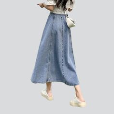 Introducing our street-inspired. fit & flare. rock-washed denim skirt from the 2023 Spring-Summer Collection ââ‚?the perfect expression of street style!Why You'll Love This SkirtTextured to keep you fashion-forward and comfy. this skirt is all about merging classic denim trend with contemporary street style. With its tall-waist and silhouette & flare silhouette. you get the perfect blend of comfort and fashion. Plus. the stonewashed look is perfect for adding a distinct retro-inspired mode to yo Non-stretch Mid-rise Denim Skirt For Spring, Casual Non-stretch Denim Skirt For Spring, Baggy Casual Denim Skirt For Spring, Spring Casual Non-stretch Denim Skirt, Spring Straight-leg Denim Blue Skirt, Non-stretch Long Denim Skirt, Casual Long Denim Skirt, Baggy Denim Blue Skirt For Spring, Casual Medium Wash Denim Midi Skirt