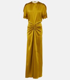 Gathered satin gown in gold - Victoria Beckham | Mytheresa Pre-draped Silk Gown With Pleated Bodice, Silk Ruched Pre-draped Evening Dress, Pre-draped Silk Evening Dress With Satin Finish, Elegant Silk Gown With Draped Sleeves, Pre-draped Silk Maxi Dress With Pleated Bodice, Pre-draped Pleated Silk Maxi Dress, Silk Evening Dress With Pleated Bodice, Luxury Silk Evening Dress With Pleated Bodice, Pre-draped Satin Gown