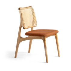 a wooden chair with an upholstered seat and backrest, on a white background