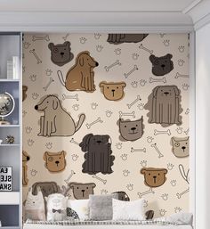 a dog themed wallpaper with dogs and bones on the wall in a bedroom area