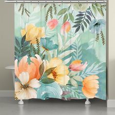 a shower curtain with flowers and leaves painted on the outside in pastel colors, along with a white bath tub