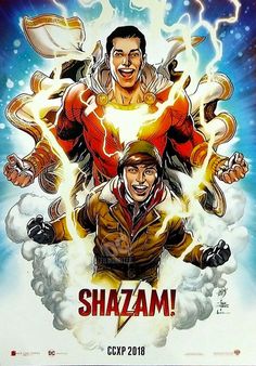 the poster for shazam shows two men with their arms in the air and one holding