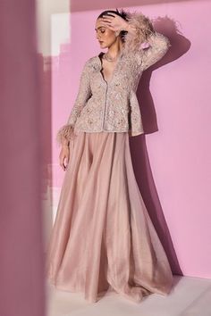 Shop for Ridhi Mehra Beige Elnaz Floral Embroidered Peplum Top And Sharara Set for Women Online at Aza Fashions Peplum Sharara, Net Sharara, Flared Sharara, Ridhi Mehra, Draping Fashion, Wedding Clothes, Draped Skirt, Sharara Set, Dusky Pink