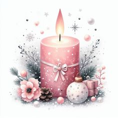 a pink candle surrounded by christmas ornaments and stars on a white background with snowflakes