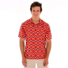 "The DZ Stretch Jersey Men's Polo Tiki Shirt provides comfort and breathability all day long. Golf, tennis, the beach... you betcha! Inspired by a classic 1960s polo shirt. The Dorothy Zudora Lava Luau Print incorporates elements of geometric, space age and op art influences during the Mod fashion movement. All of our signature prints were designed by Dorothy Zudora and printed in the USA. This Tiki Shirt was crafted by extremely talented tailors in our Tampa Bay studio. The model is a 5'11\" ta Summer Sports Shirt With Collar, Summer Sports Collared Shirt, Retro Red Camp Shirt For Vacation, Retro Red Shirt For Vacation, Retro Red Vacation Shirt, Sporty Red Shirt For Summer, Red Short Sleeve Top For Golf, Retro Red Beach Shirt, Red Retro Beach Shirt