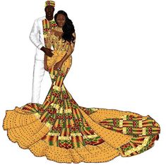 a man and woman are dressed up in african style clothing, standing next to each other